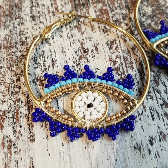 Jewelry - Beaded Evil Eye Hoop Earrings New